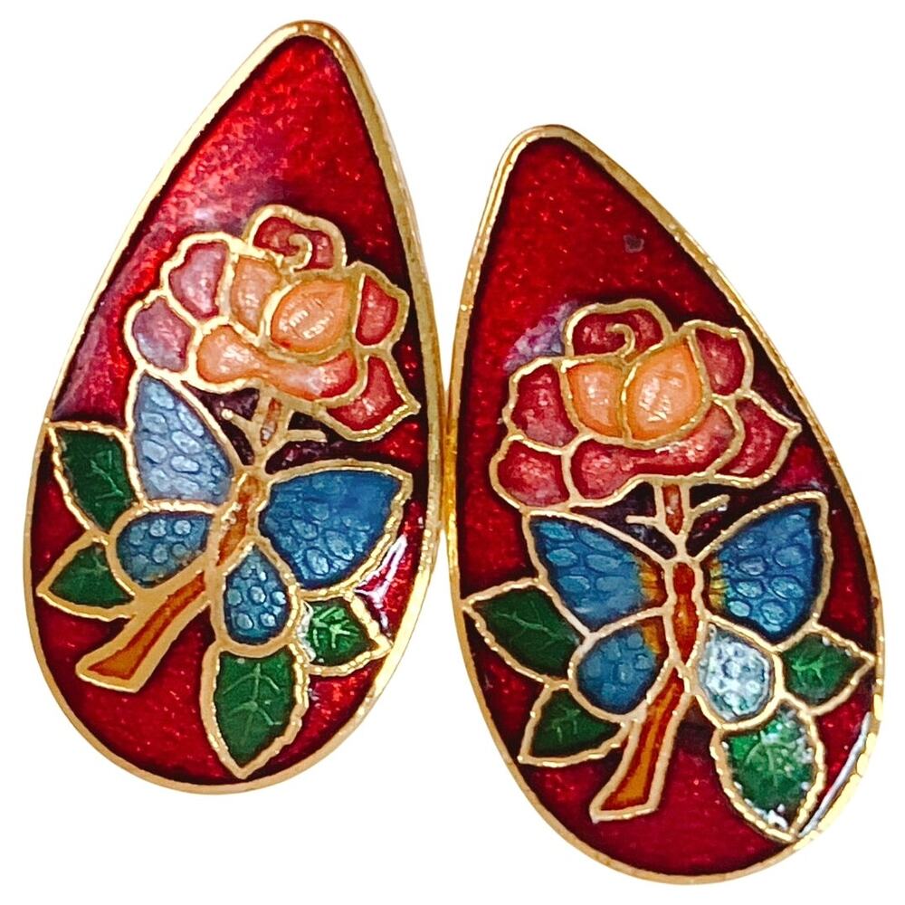 Vintage Cloisonne Red Enamel Butterfly Floral Gold Tone Clip On Earrings